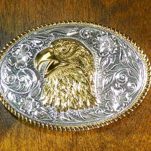 Patriotic USA Bald Eagle Head Silver and Gold Plated Western Belt Buckle